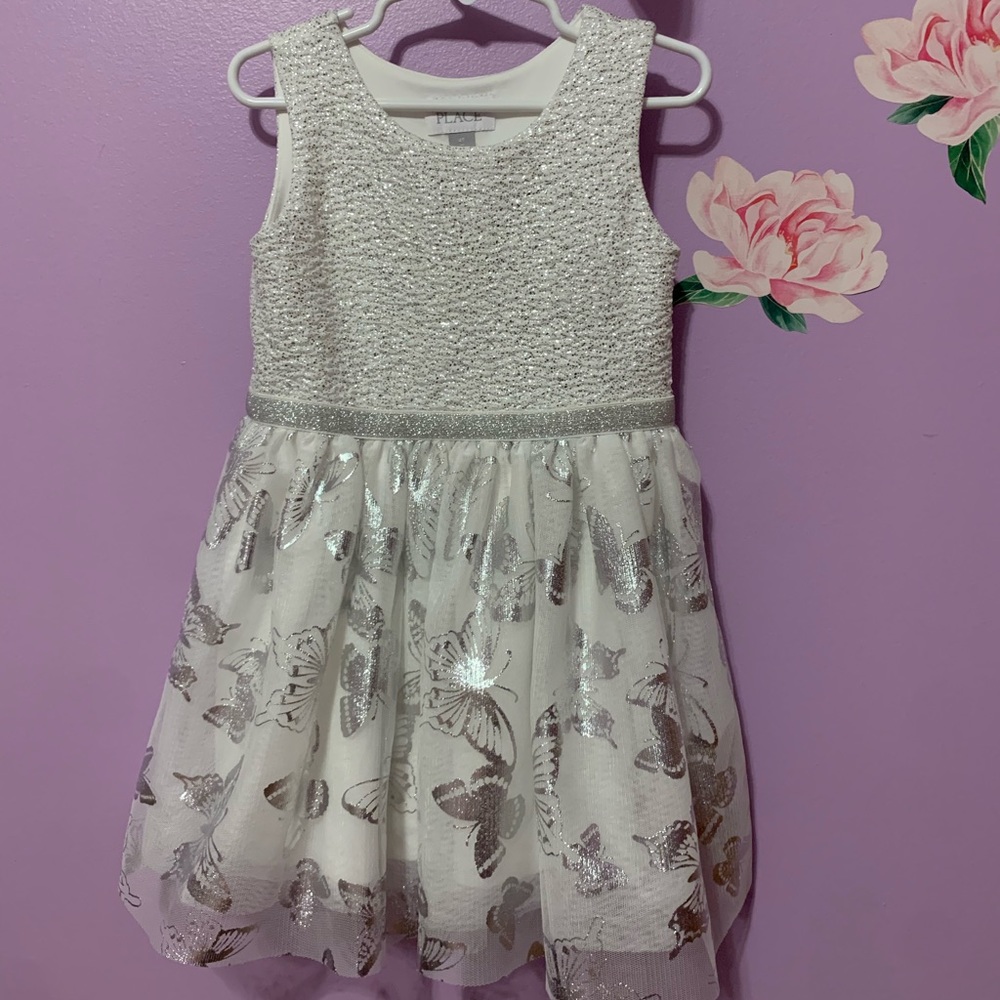 White and silver butterfly fancy girls dress